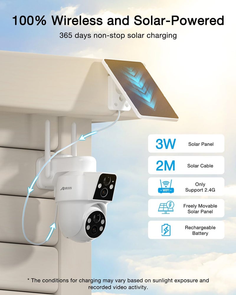 ANRAN Dual-Lens Solar Security Camera, 3MP Wireless Outdoor Camera for Home Security, 100% Wire-Free with Solar Panel, Color Night Vision, Motion Detection, 2.4GHz WiFi, IP66 Weatherproof - Image 4